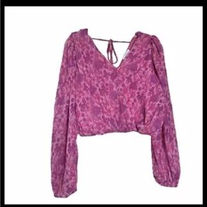 NEW Jopra Bohemian Juniors Floral Balloon Sleeve Pleated Crop Blouse Size S